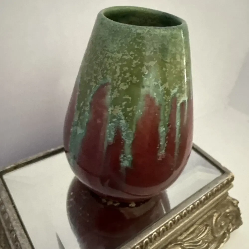 Belgium Art Pottery Green Drip Glaze Bulbous 3.5”Vase Faiencerie Thulin Vintage